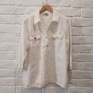 JM 100% Linen Button Up White Shirt Womens 16 Gold Buttons Pockets 3/4 Sleeve